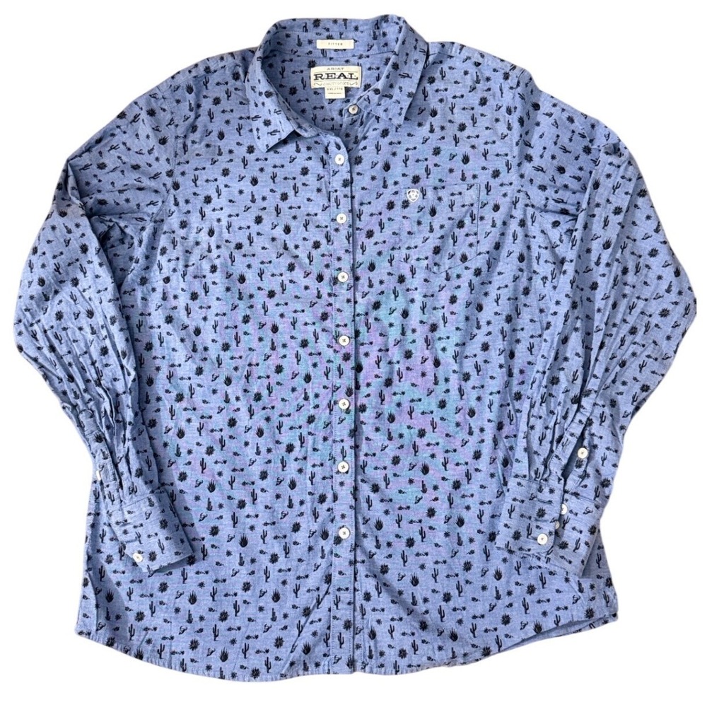 Ariat ReAL Mens XXL Blue Cactus Print Long Sleeve Fitted Button Down Shirt ii03